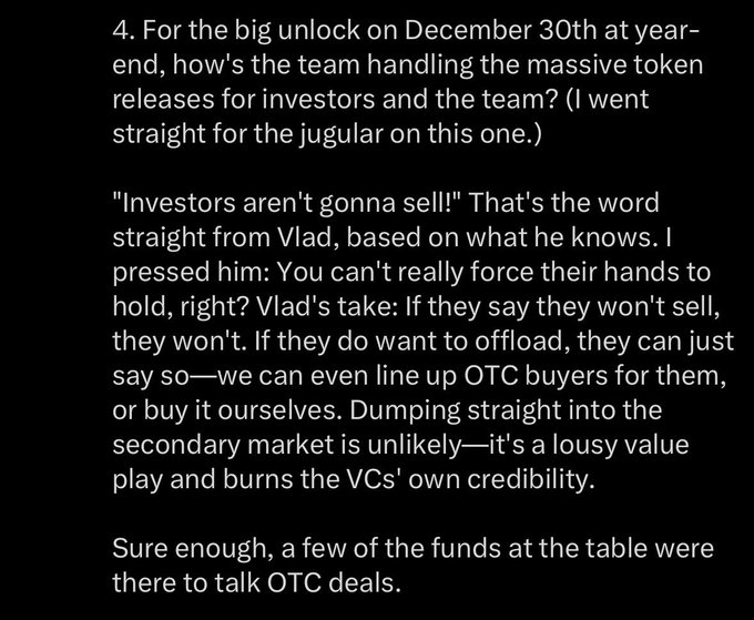 A dark-themed text screenshot discusses a year-end token unlock on December 30th, quoting 'Vlad' who says 'Investors aren't gonna sell!!' and mentions OTC deals as an alternative to selling on the secondary market.
