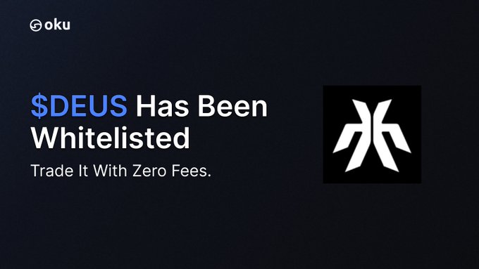 The image features a black background with white text that reads "DEUS has been whitelisted" followed by an arrow pointing towards the top right corner of the image, which displays the word "oku". The text also mentions that trading is free for users and provides information about the trading platform.