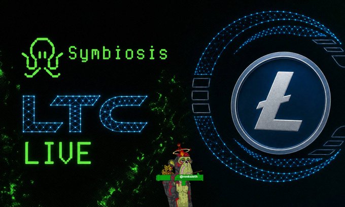 A promotional graphic displaying 'Synbiosis' and 'LTC LIVE' alongside the Litecoin logo, featuring a small cartoon character.