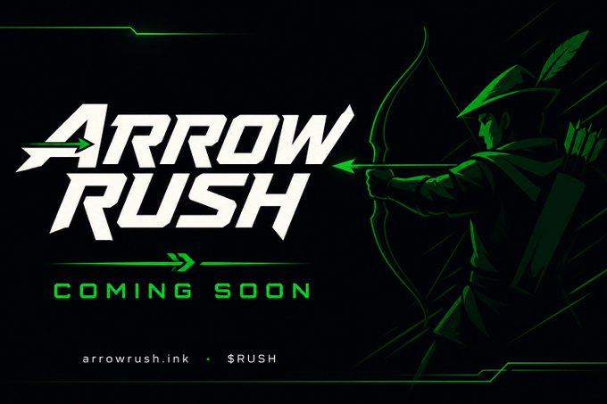 The image is a dark promotional graphic for "Arrow Rush," featuring a green-tinted illustration of a hooded archer drawing his bow on the right, with the bold "ARROW RUSH" title and "COMING SOON" text on the left. Below appears "arrowrush.ink • $RUSH," reinforcing the post's teaser about the upcoming launch.