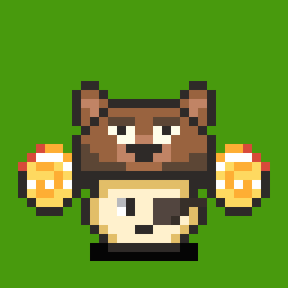 Pixel art sprite of a brown bear character with a smaller tan cat-like creature, set against a solid green background.