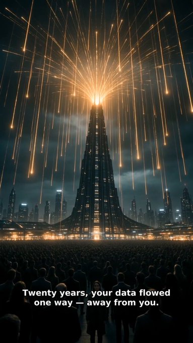 A towering skyscraper erupts with golden fireworks shooting skyward as a vast crowd gathers below, with the text "Twenty years, your data flowed one way — away from you." displayed at the bottom. The dramatic upward burst of light visually represents the pivotal shift described in the post, symbolizing how MatchSelfData reverses the decades-long flow of personal data away from users.