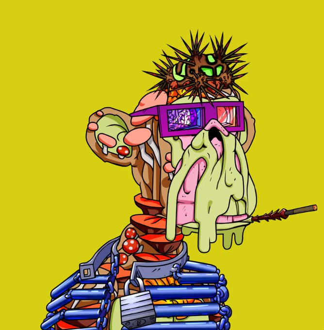 A surreal cartoon illustration on a yellow background featuring a bizarre creature with spiky hair and green eyes wearing pink sunglasses, with a melting green drip, a spiked club, mushrooms, and blue chains.