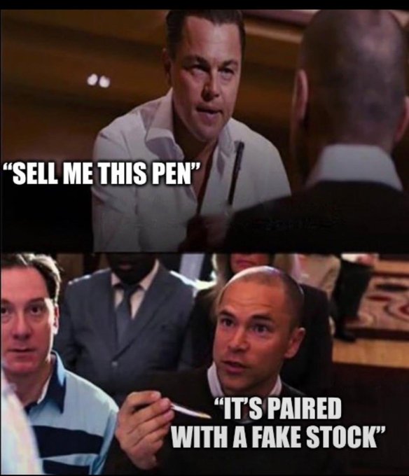 A two-panel meme from the TV show 'Succession' featuring Elon Musk edited in, where the top panel says 'SELL ME THIS PEN' and the bottom panel shows a character holding a pen saying 'IT'S PAIRED WITH A FAKE STOCK'.