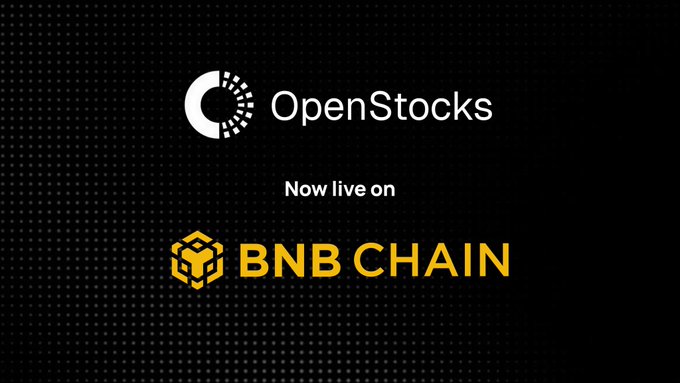 The image announces "OpenStocks - Now live on BNB Chain," featuring both the OpenStocks logo and the BNB Chain logo against a dark background, supporting the post's welcome announcement of OpenStocks joining BNB Chain to provide tokenized equities access.