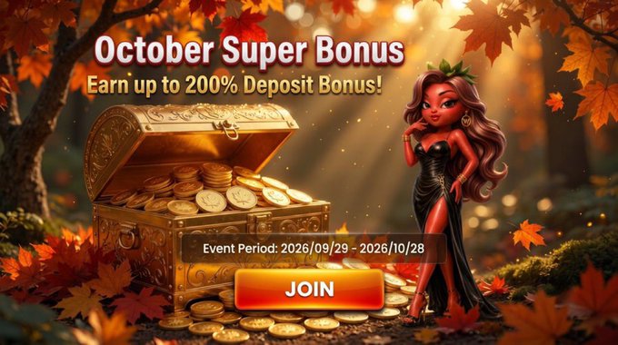 A stylized cartoon woman in a black dress stands beside an overflowing treasure chest of coins in an autumn forest setting, promoting an "October Super Bonus" with up to a 200% deposit bonus (event period 2026/09/29 – 2026/10/28) and a "JOIN" call-to-action button. The image visually reinforces the post's message of an effortless October rewards campaign on @WcoinHQ, where players can earn up to 20,000 USDT simply by playing.