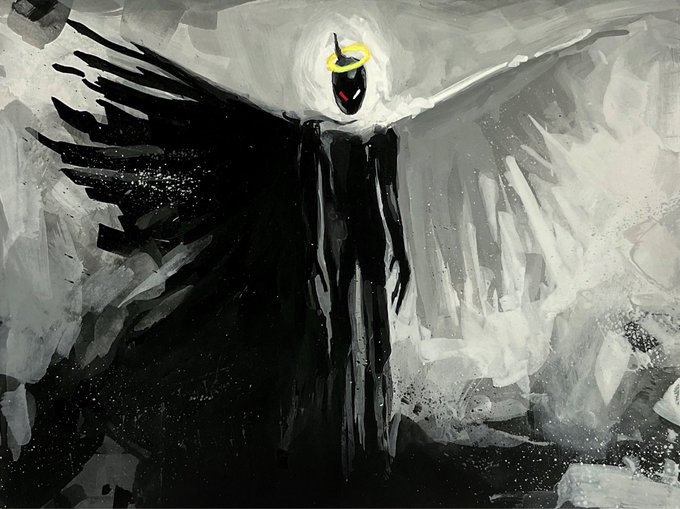 A haunting black-winged angelic figure with a glowing yellow halo stands against a swirling grayscale background, rendered in expressive acrylic on paper as a 1/1 edition on Transient Labs. The dark, tattered wings and shadowed form evoke a fallen guardian or grim reaper aesthetic fitting the cryptid angel theme.