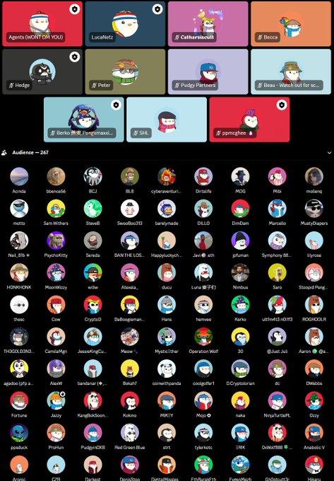 A screenshot from the social audio app X Spaces showing a speaker grid at the top with users like 'Agents (MCR? ON YOU)' and 'Berko', and a large audience grid of 267 listeners below.