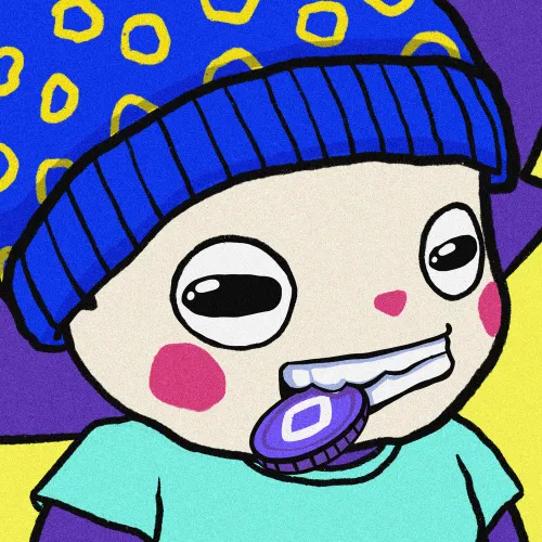 A cartoon character with rosy cheeks and wide eyes bites down on a purple coin featuring a white "0" logo, wearing a blue beanie patterned with yellow "0" symbols and a teal shirt. The image aligns with the post's "Show us your Chogs!" giveaway, depicting a Chog character as part of an exclusive NFT promotion for holders.