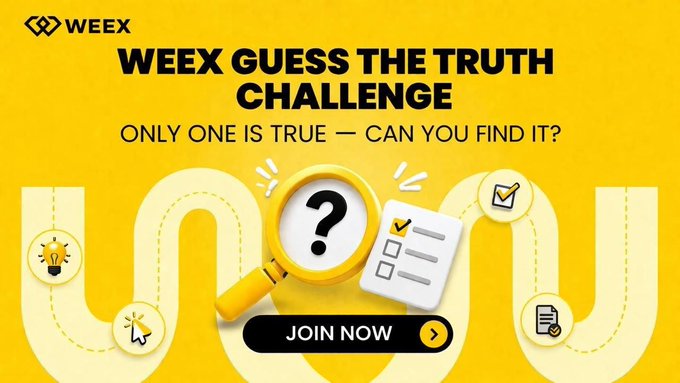 The image features a yellow banner with a magnifying glass and a question mark over a white paper that reads "WEEX Guess the Truth Challenge #7 -- Only one is true ... Can you find it?". The text also includes the event's date, time, and location as well as the hashtag "#truthchallenge".
