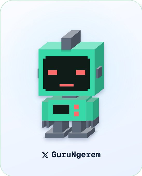 A 3D-rendered green and gray robot character with red digital eyes and a small smile, labeled 'GuruNgerem' with an X logo beneath it.