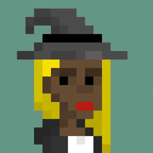 A low-resolution pixel art character with dark skin, yellow hair, a black witch hat, and red lips against a teal background.