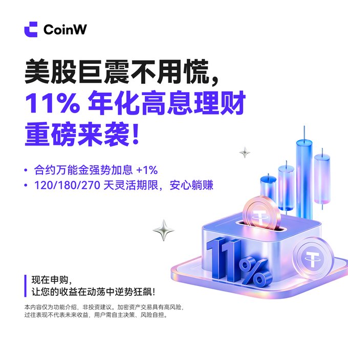 A promotional advertisement from CoinW in Chinese advertising 11% annualized high-interest wealth management products, featuring 3D graphics of a slot machine with '11%' and coin symbols.