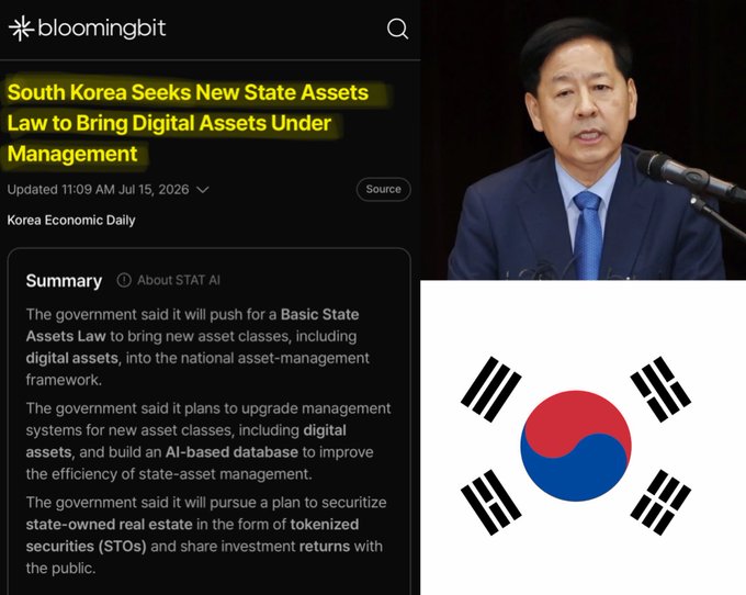 A news article from Bloomingbit dated July 15, 2026, headlined "South Korea Seeks New State Assets Law to Bring Digital Assets Under Management," details the government's plan to push for a Basic State Assets Law incorporating digital assets into the national framework, upgrade management systems, build an AI-based database, and tokenize state-owned real estate through STOs, accompanied by a photo of an official speaking at a podium alongside the South Korean flag. The image visually supports the post's claim about South Korea officially recognizing cryptocurrency as a national asset and moving toward tokenizing state-owned real estate.