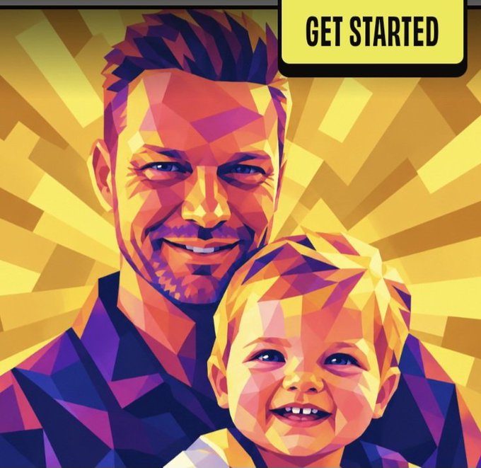 A colorful, low-poly geometric style illustration of a smiling man and a young boy, with a yellow "GET STARTED" button in the top right corner.