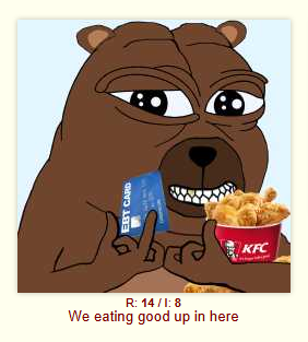 A meme-like cartoon of a bear holding a KFC meal says “We eating good up here,” with “R: 14/18” printed below.