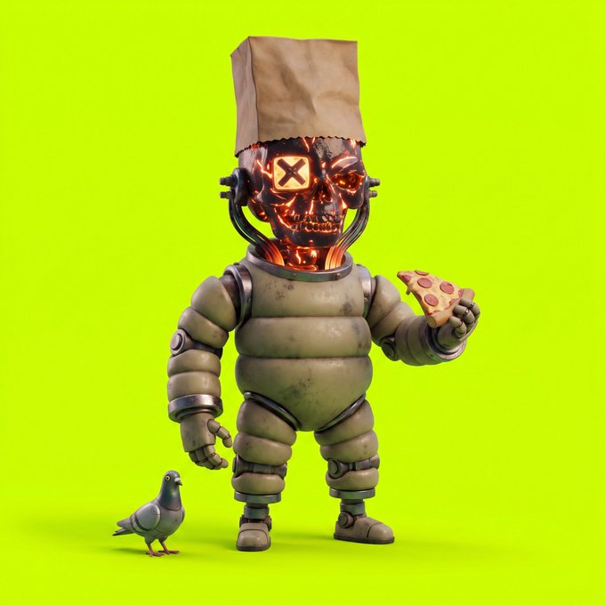 A 3D-rendered robot with a skull-like face, wearing a paper bag on its head, holds a slice of pizza on a bright green background with a small pigeon nearby.