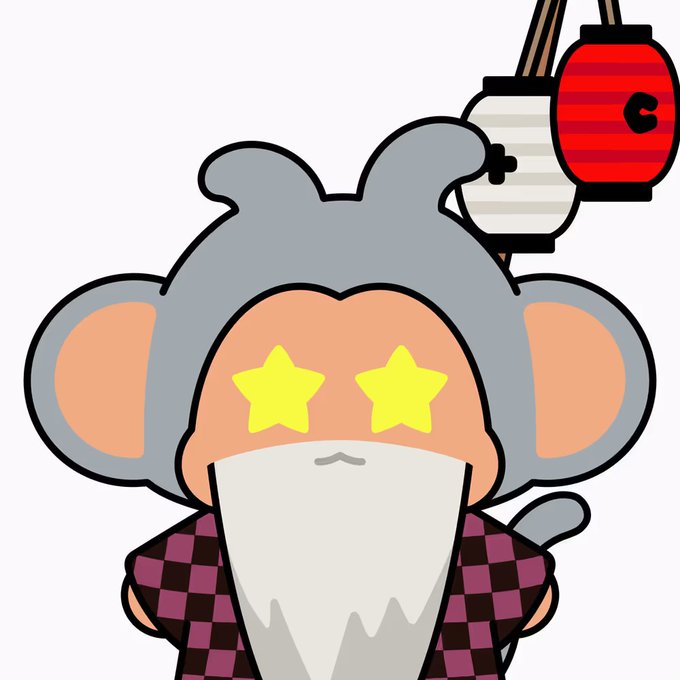 A digital illustration of a cartoonish monkey-like character with gray fur, star-shaped yellow eyes, and a white beard, wearing a dark checkered garment with a red lantern in the background.