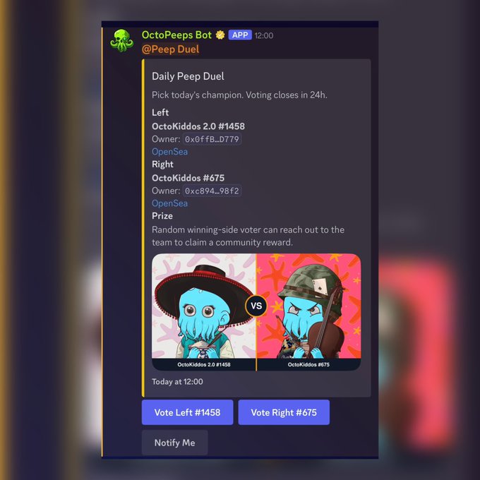 A Discord message from "OctoPeeps Bot" announces a Daily Peep Duel voting between two OctoKiddos NFT characters, with buttons to "Vote Left #1458" or "Vote Right #675."