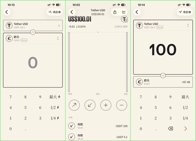 The image shows three mobile app screenshots of a crypto/fiat exchange interface displaying Tether USD (USDT) trading at 100.1, with conversion features to EUR (EURO) and a calculator showing a 100 USDT to EUR conversion at +87.48, demonstrating the lossless USDT-to-fiat exchange method advertised in the post.