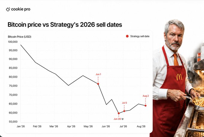 The image is a chart titled "Bitcoin price vs Strategy's 2026 sell dates" showing Bitcoin's price declining from ~$98,000 in January 2026 to ~$64,000 by August 2026, with four red dots marking Strategy's sell dates (Jun 1, Jun 29, Jul 5, Aug 2) clustered in the $55,000–$65,000 range. On the right, a man wearing a McDonald's apron is photoshopped in, visualizing the meme of Michael Saylor "working at McDonald's" after dumping 5,258 BTC at losses to support the post's claim that Saylor sold billions in Bitcoin below his $75,000 cost basis, losing roughly $75M.