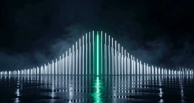 A digital rendering of an audio equalizer or light installation with vertical white bars and a central green bar reflecting on a dark surface against a night sky.