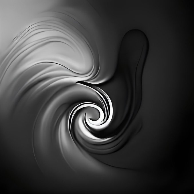 A black-and-white abstract image showing a glossy, swirling vortex or spiral pattern with smooth, flowing curves that resemble folded fabric or liquid metal.
