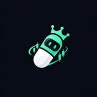 A small pixel-art style logo of a green crown wearing headphones with a robotic face on a dark background.