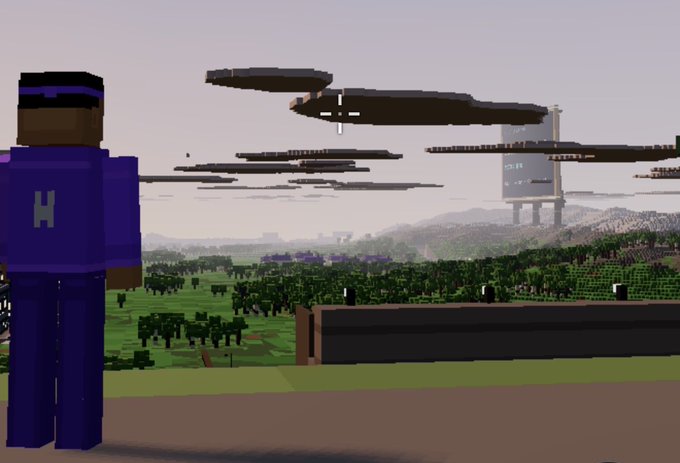 A Minecraft scene showing a player character wearing purple and blue clothing standing on a rooftop, looking out over a blocky landscape with trees and a tower structure in the distance.