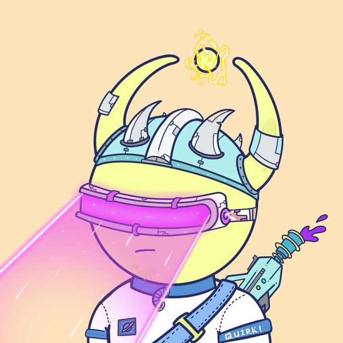 A digital illustration of a cartoon character wearing a futuristic horned helmet and glowing pink visor, with a small glowing symbol floating above and a device on their back; the name "QUIRKY" is visible on the strap.