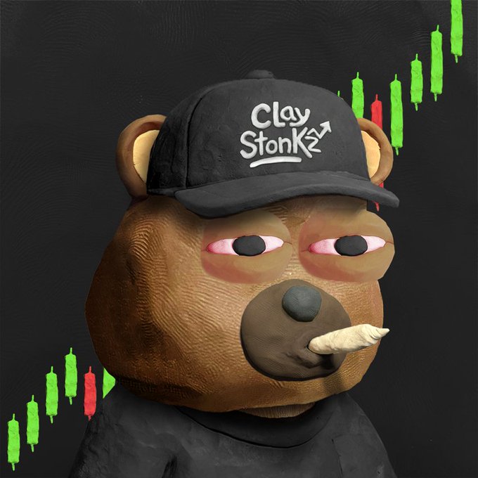 A 3D rendered brown bear character wearing a black cap with 'Clay Stonkz' text, smoking a cigar, with green and red candlestick chart patterns in the background.