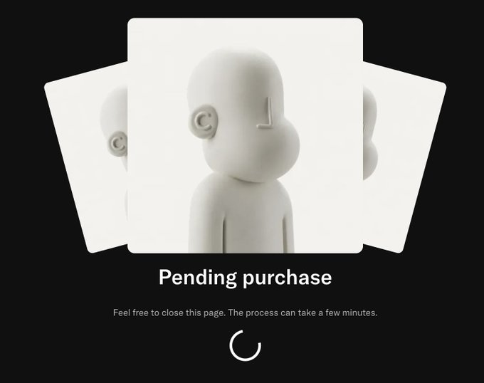 A 'Pending purchase' loading screen featuring three stylized white 3D character figurines and a spinning loading indicator.
