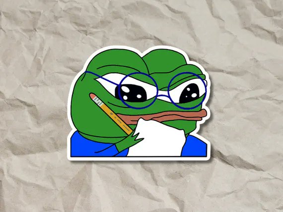 A sticker features a sad Pepe the Frog wearing round glasses and holding a pencil while looking at a piece of paper.