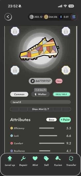A screenshot from the STEPN app showing a "Walker" sneaker NFT with attributes Efficiency 5.5, Luck 6.6, Comfort 9.2, and Resilience 4.1, minted at #667759757 with a 1-6 km/h walking speed, corresponding to the user's post about minting their first Anko Walker sneaker.