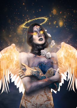 A digital fantasy artwork of an angelic figure with glowing yellow eyes, a golden halo, ornate white wings, and intricate body tattoos, surrounded by a starry, magical background.