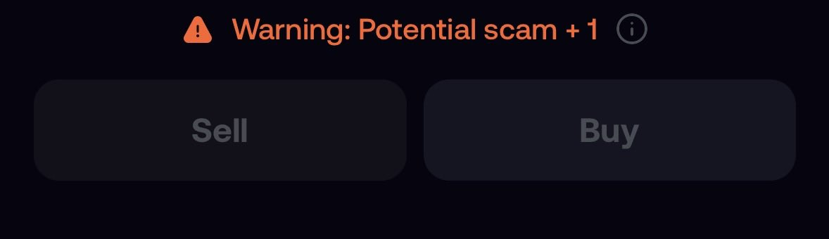 A digital interface showing a 'Warning: Potential scam +1' message in orange text above two buttons labeled 'Sell' and 'Buy' on a dark background.