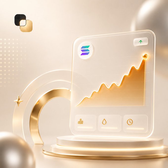 A 3D rendered promotional graphic featuring a frosted glass dashboard card displaying an upward-trending golden line chart, accompanied by analytics icons and a glowing star element on a golden podium.