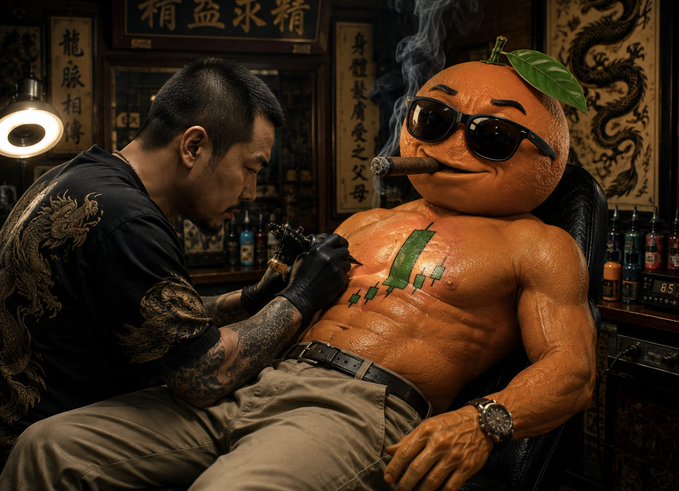 A humorous AI-generated image depicting a muscular orange citrus character wearing sunglasses and smoking a cigar, getting a green tattoo from a heavily tattooed artist in an Asian-themed tattoo parlor with Chinese characters on the walls.