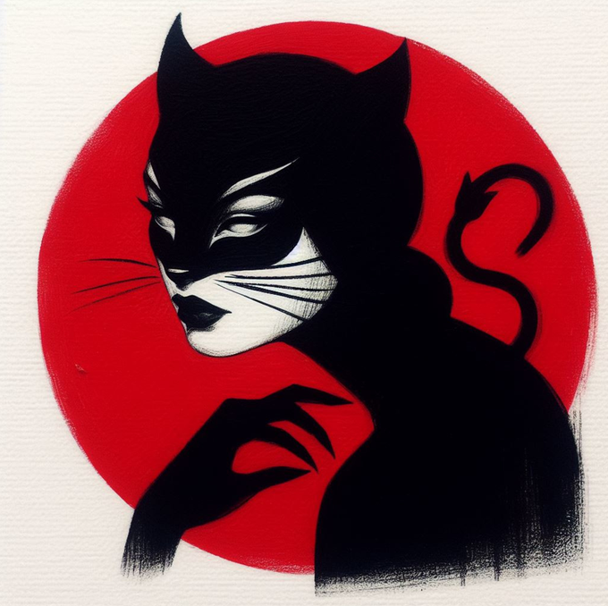 A stylized black cat with feminine, human-like features and a pointed tail is set against a bold red circular backdrop, evoking a sense of mystery and guarded elegance that mirrors the paradox of strength concealing inner fragility.