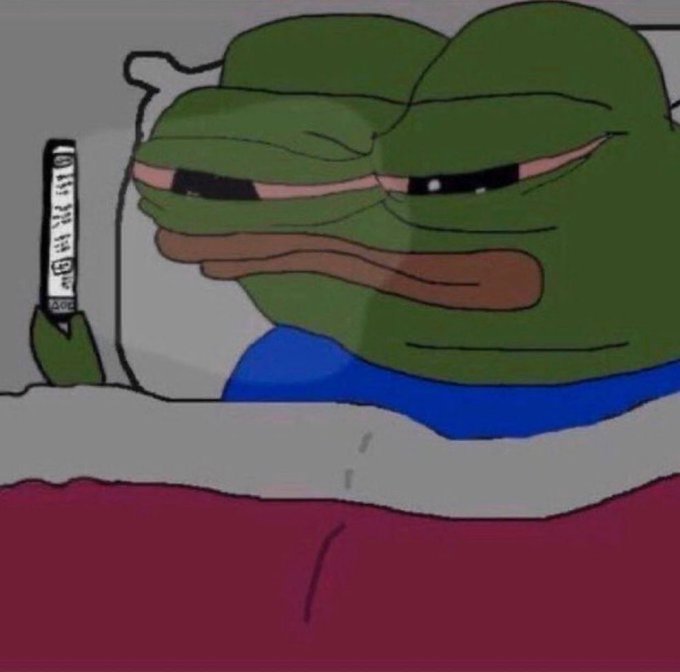 The Sad Pepe frog lies in bed at night, eyes half-closed, holding a phone displaying a stock trading chart as he anxiously checks his portfolio before sleep—capturing the universal crypto/investor dread of waking up to wiped-out gains.