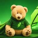 A cute teddy bear wearing a green hoodie sits in front of green leaves, perfectly matching the "$DATABEAR" ticker reference as the proposed mascot for Robinhood (RH).