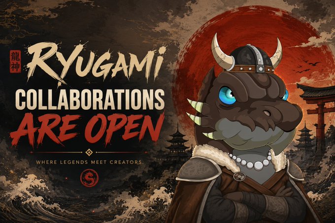 A promotional banner titled 'RYUGAMI COLLABORATIONS ARE OPEN' featuring a stylized dragon wearing a horned Viking helmet and armor against a red sun and Japanese-style background.