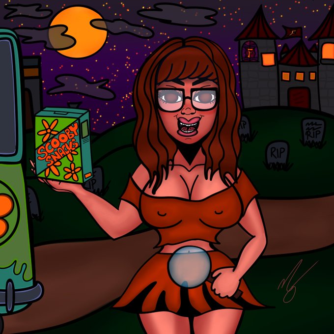 A cartoon-style illustration of Velma from Scooby-Doo holding a "Scooby Snarks" cereal box in a spooky graveyard setting with the Mystery Machine partially visible, featuring a paranormal crystal ball motif.