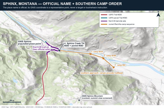 A topographic map titled 'SPHINX, MONTANA — OFFICIAL NAME + SOUTHERN CAMP ORDER' showing trail routes, camp locations, and points of interest, with a scale of 500 m.