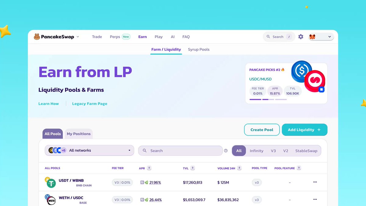 The image shows a screenshot of a website called PancakeSwap that displays information about earning money through a specific type of pool, known as "Liquidity Pools". The title suggests that users can find pools with potential income by searching and clicking on hooks labeled "Infinity" or "Pools". Additionally, it emphasizes the importance of choosing the right hook for maximizing one's earnings.