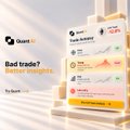 A smartphone displays a 'Trade Tracker' app showing a stock chart, with options to 'Explore' or 'Bad trade?' and a Google logo visible.