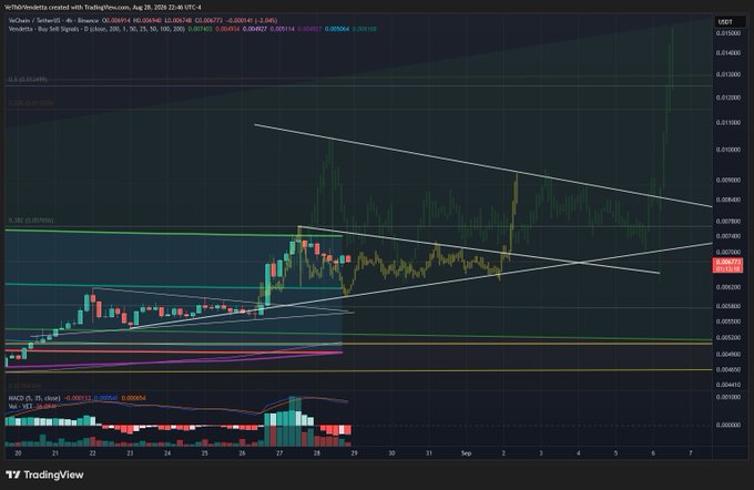 A 4-hour VeChain (VET/USDT) TradingView candlestick chart shows the cryptocurrency testing a descending triangle pattern near $0.0069 against a rising EMA cluster, with the post expressing bullish conviction that a smaller corrective wave is underway before the next leg higher. The MACD histogram in the lower panel and the converging triangle trendlines visually reinforce the consolidation narrative before the anticipated breakout.