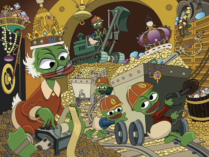 A cartoon scene depicts an elderly frog king with a crown and glasses counting gold coins on an adding machine, while younger frogs in hard hats operate a mining excavator and cart overflowing with treasure, jewels, and crowns. The image humorously illustrates "meme season" by portraying the frantic, chaotic rush of frogs mining and counting riches, symbolizing the speculative frenzy and quick profits associated with viral meme-based cryptocurrencies.