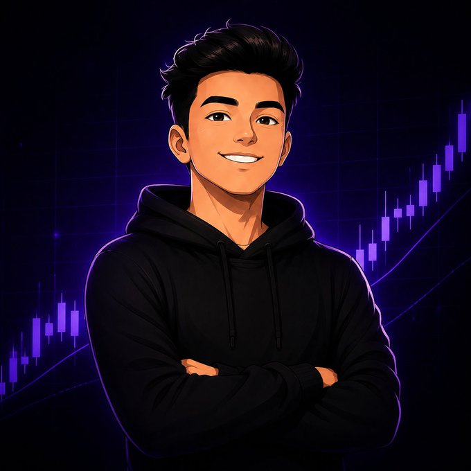 A cartoon-style illustration of a smiling young man with dark hair wearing a black hoodie, arms crossed, against a dark purple background featuring upward-trending stock/crypto candlestick charts.