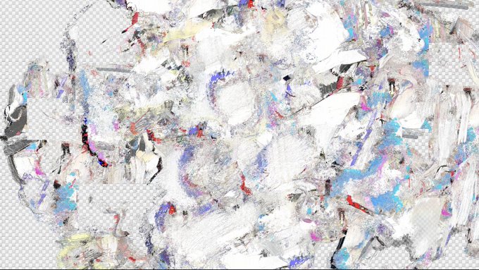 An abstract digital painting or glitch art piece featuring white, gray, blue, and red brushstrokes on a transparent background.